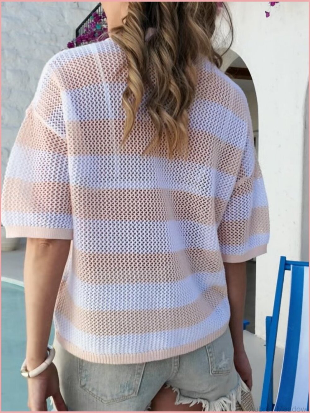 Striped Crochet Cardigan Sweater Half Sleeve Button Up Tops Loose Fit Cover Up - Picture 6 of 7